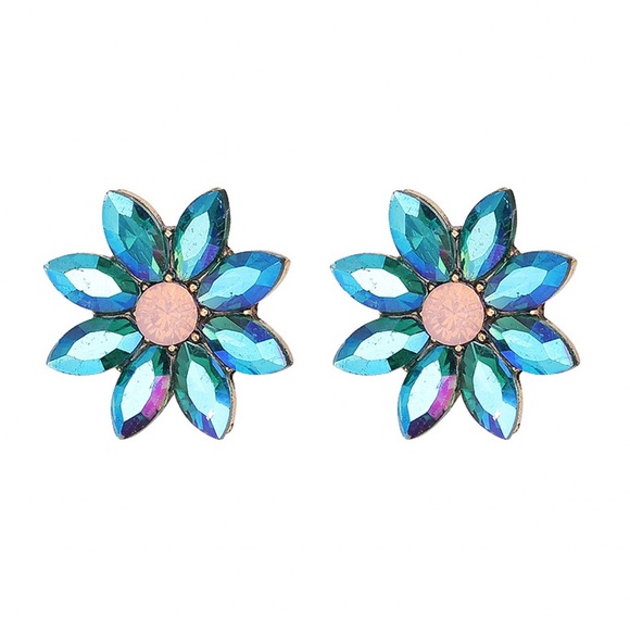 Jewelry - Iridescent Blue Crystal Flower Stud Earrings